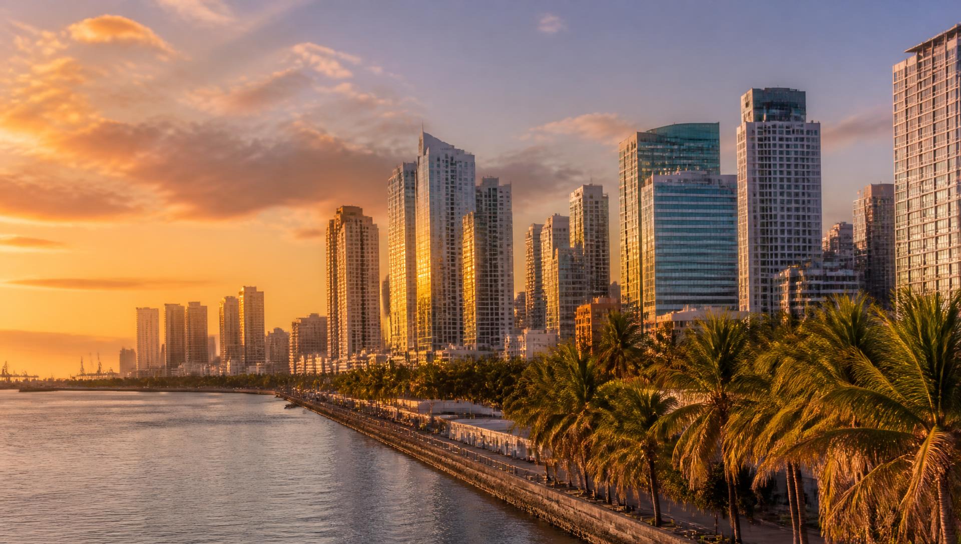 Manila Bay waterfront and the Metro Manila skyline at golden hour